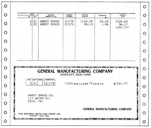 Sample output from an IBM 407 accounting machine. Character spacing is much more natural than the earlier 402 output. Sprocket-fed forms are now common. Figure 128 from Manual of Operation.