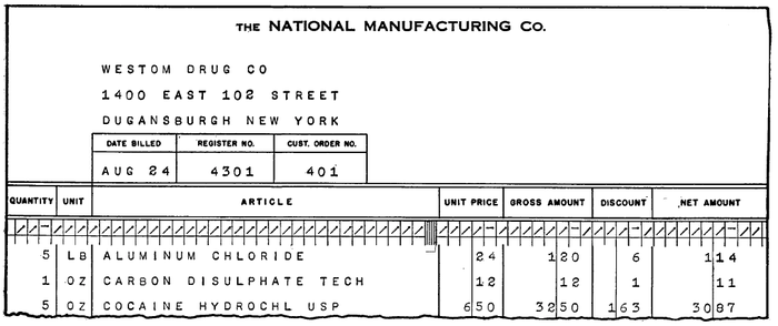 Output from the IBM 405 tabulator, showing a billing statement. Apparently cocaine was a common product back then. (Electronic Accounting Machines page 17-19.)