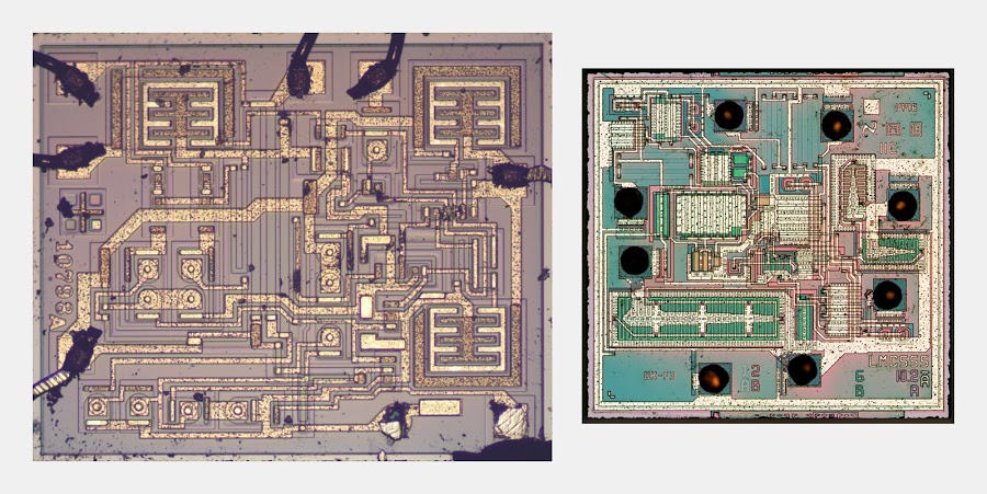 Die photos of the 555 timer (left) and CMOS 555 timer (right), to the same scale.
