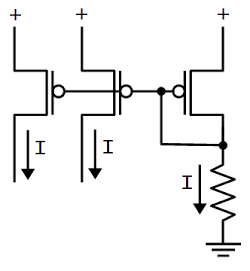 A current mirror formed from PMOS transistors. The left two currents mirror the current on the right, which is controlled by the resistor.