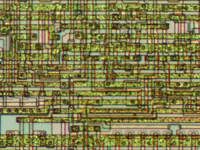 Closeup of the 6502 microprocessor die, showing the overflow circuit.
