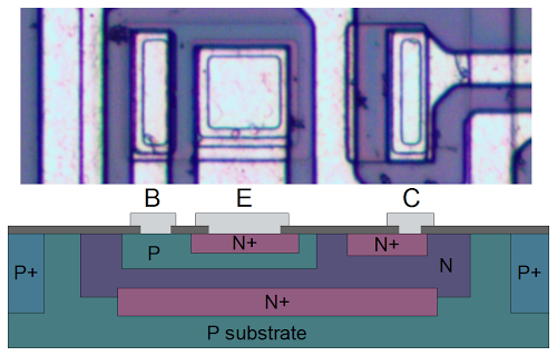 Structure of a NPN transistor inside the 7805 voltage regulator.