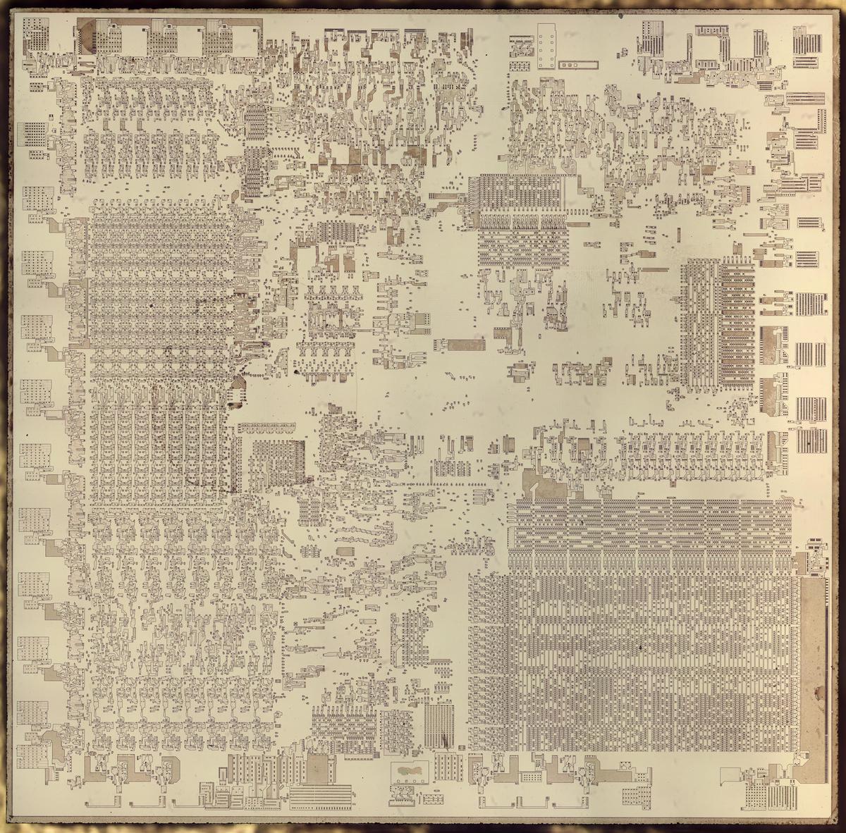 Die photo of the Intel 8086 processor. The metal and polysilicon have been removed to reveal the underlying silicon.