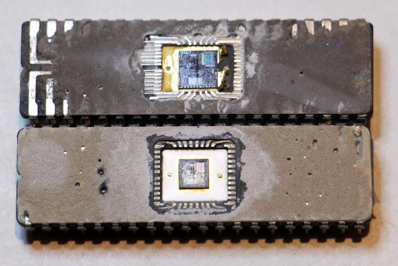 Comparison of two 8086 chips. The newer chip on the bottom has a significantly smaller die. The rectangle in the upper-right of each die is the microcode rom.
