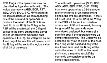 The ARM manual explains how arithmetic and logic operations update the flags differently.