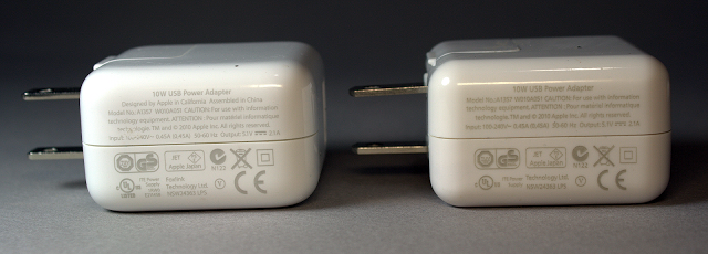 A real Apple iPad charger (left) and a counterfeit charger (right