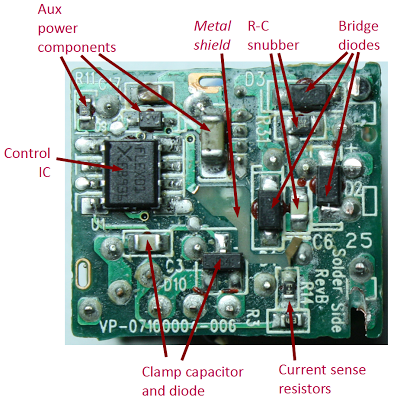 Primary circuit board from Apple iPhone charger, showing the L6565 controller IC