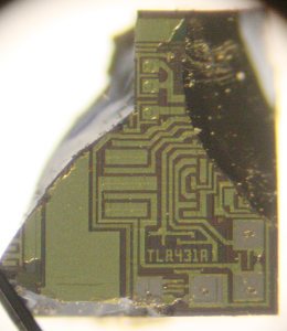 Piece of the TL431 die, photographed through a microscope.