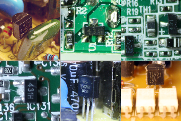 Six examples of power supplies using the TL431. Top row: cheap 5 volt power supply, cheap phone charger, Apple iPhone charger (uses TL431 and 'GB9' variant). Bottom row: MagSafe power adapter, KMS USB charger, Dell ATX power supply (with optoisolators in front)