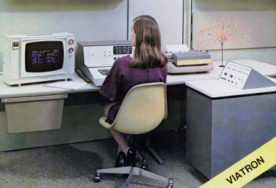 The Viatron System 21: color display, terminal keyboard, 'robot' printer, and computer. From Viatron brochure, via bitsavers.org.