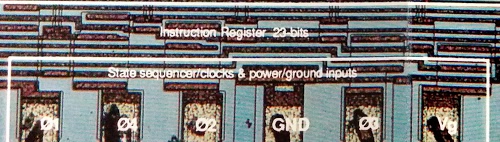 Detail of AL1 die photo showing fictional 'Instruction Register 23 bits' label.