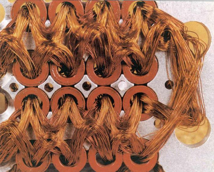 Detail of core rope memory wiring from an early (Block I) Apollo Guidance Computer. Photo from Raytheon.