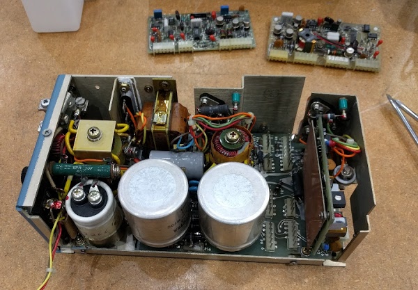 Switching power supply from the Xerox Alto computer. Two of the control boards have been removed and are visible at back.