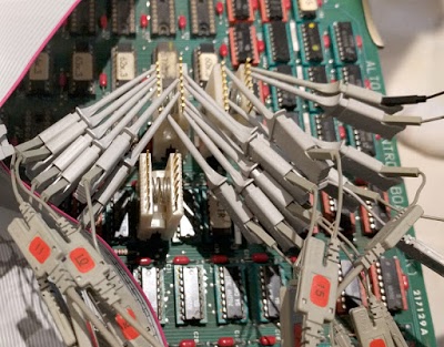 To track down a problem with the Xerox Alto's bank switching circuit, we attached many probes to the CPU control board.