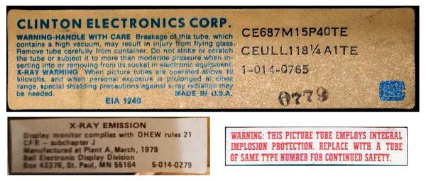 Safety warnings on the Alto monitor. CRTs pose danger from implosion, X-rays, and high voltage.
