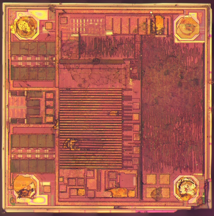 Die photo of the Impinj Monza 4 RFID chip.