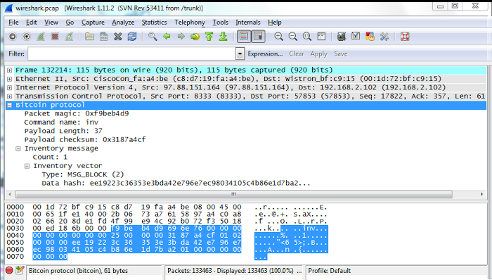 A new block in Bitcoin, as seen in Wireshark.