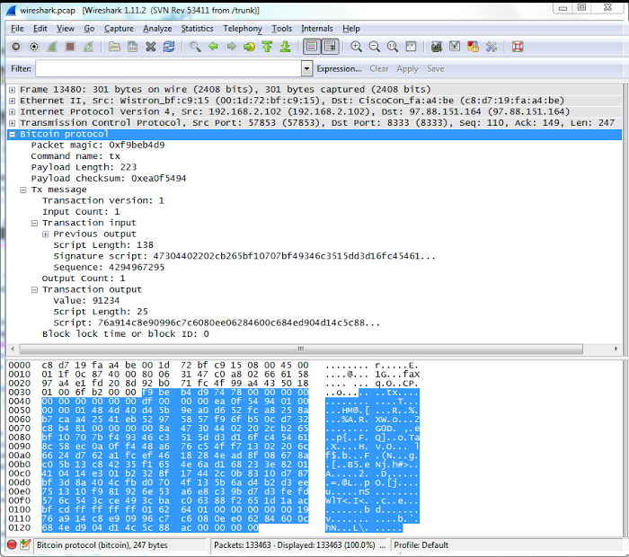 A transaction uploaded to Bitcoin, as seen in Wireshark.