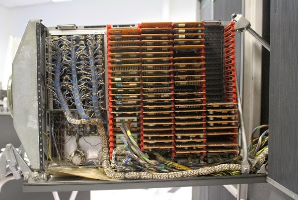 Cards and wires inside an IBM 1401 mainframe.