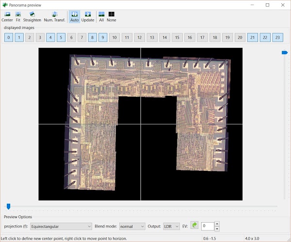 The Panorama Preview window in Hugin. By selecting a subset of the images to tile, control point errors can be corrected one image at a time.