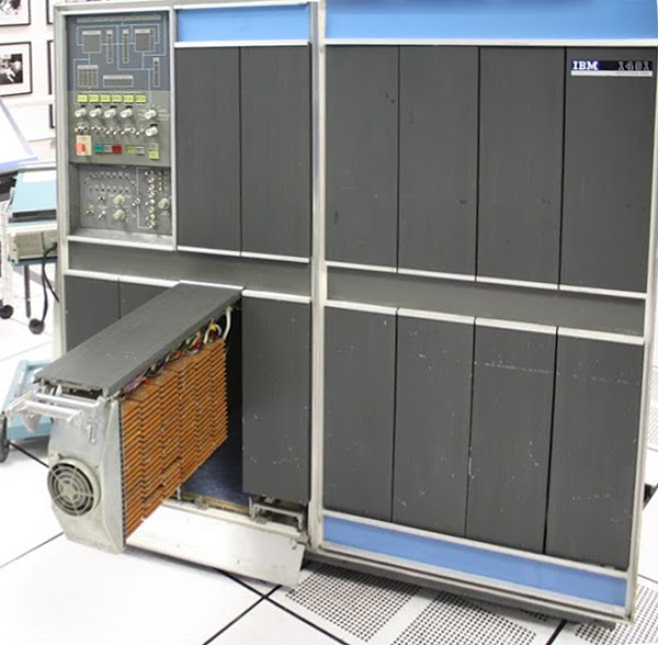 The IBM 1401 mainframe with gate 01B3 opened. This gate contains the arithmetic circuitry, made up of many SMS cards.