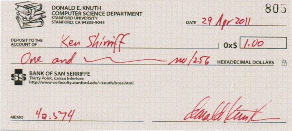 My Knuth TAOCP reward check