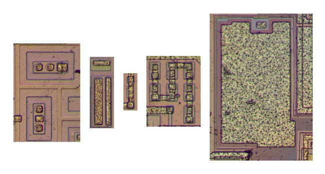 The LM308 integrated circuit contains an unusual number of unused components. This image shows some of them: two transistors , a larger transistor, a resistor that is shorted out, a chain of diodes, and a capacitor.