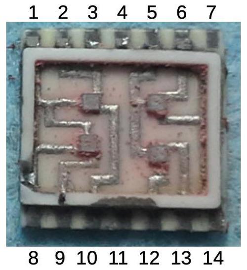 A ULD of type "AA" opened to show the four silicon dies inside. The four dies are dual diodes with the cathodes connected. Original photo courtesy of Fran Blanche.