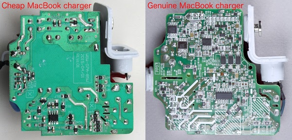 The cheap MacBook charger (left) uses very simple circuits compared to the genuine Apple charger (right), which is crammed full of components.
