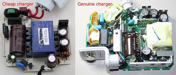 The cheap MacBook charger (left) omits most of the components found in a genuine Apple charger (right). The genuine charger includes more filtering, power factor correction (left), and a powerful microcontroller (board in upper right).