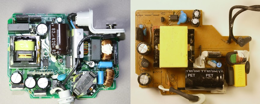 Inside the Apple 85W Macbook charger (left) vs an imitation charger (right). The genuine charger is crammed full of components, while the imitation has fewer parts.
