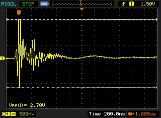 The output of the counterfeit charger has large 2.7V noise spikes when a transistor switches internall.