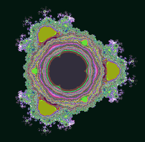 The multi-branch fractal for z^2.5+c, showing the number of convergent branches after 14 iterations.