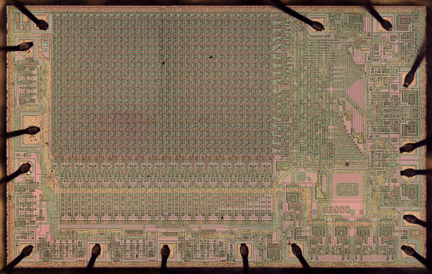 Die of the MMI 5300 PROM chip, holding 1024 bits of information. Click image for a larger version.