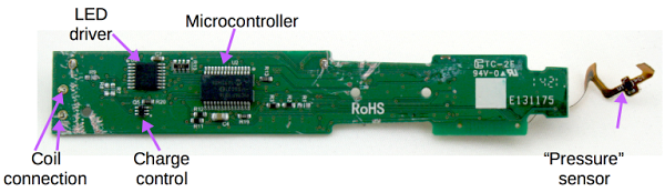 The back of the Sonicare circuit board contains the PIC16F1516 microcontroller chip. The sensor is probably a Hall-effect magnetic field sensor.