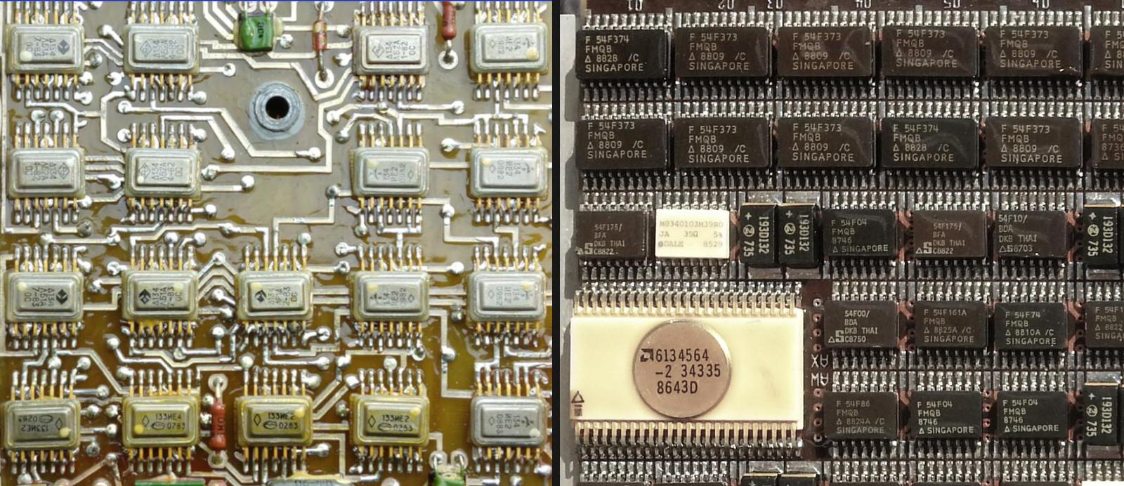 The Soyuz clock board (left) and Space Shuttle computer board (right), to the same scale. Both use surface-mount TTL chips.