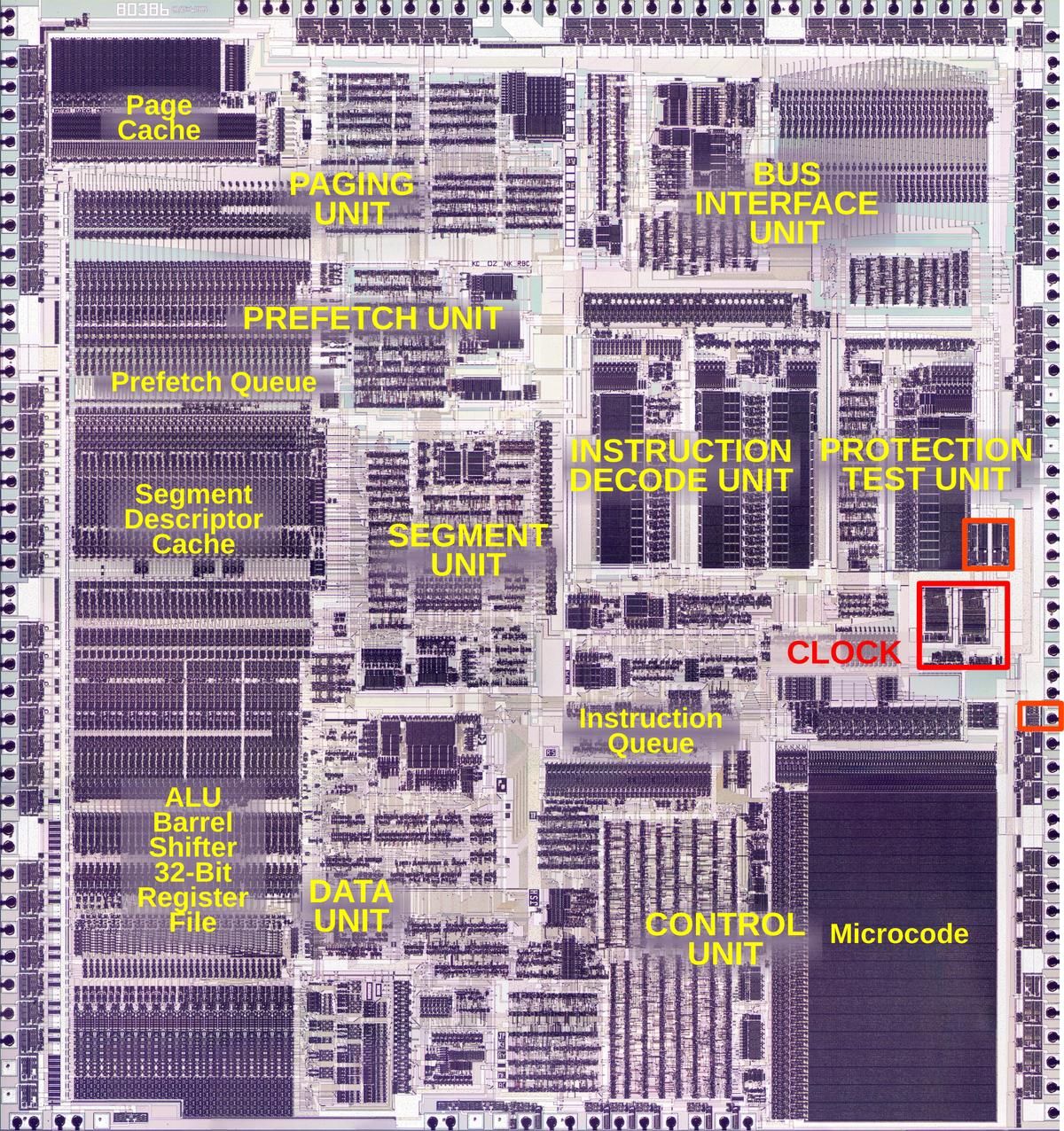 The 386 with the main functional blocks labeled. Click this image (or any other) for a larger version.
