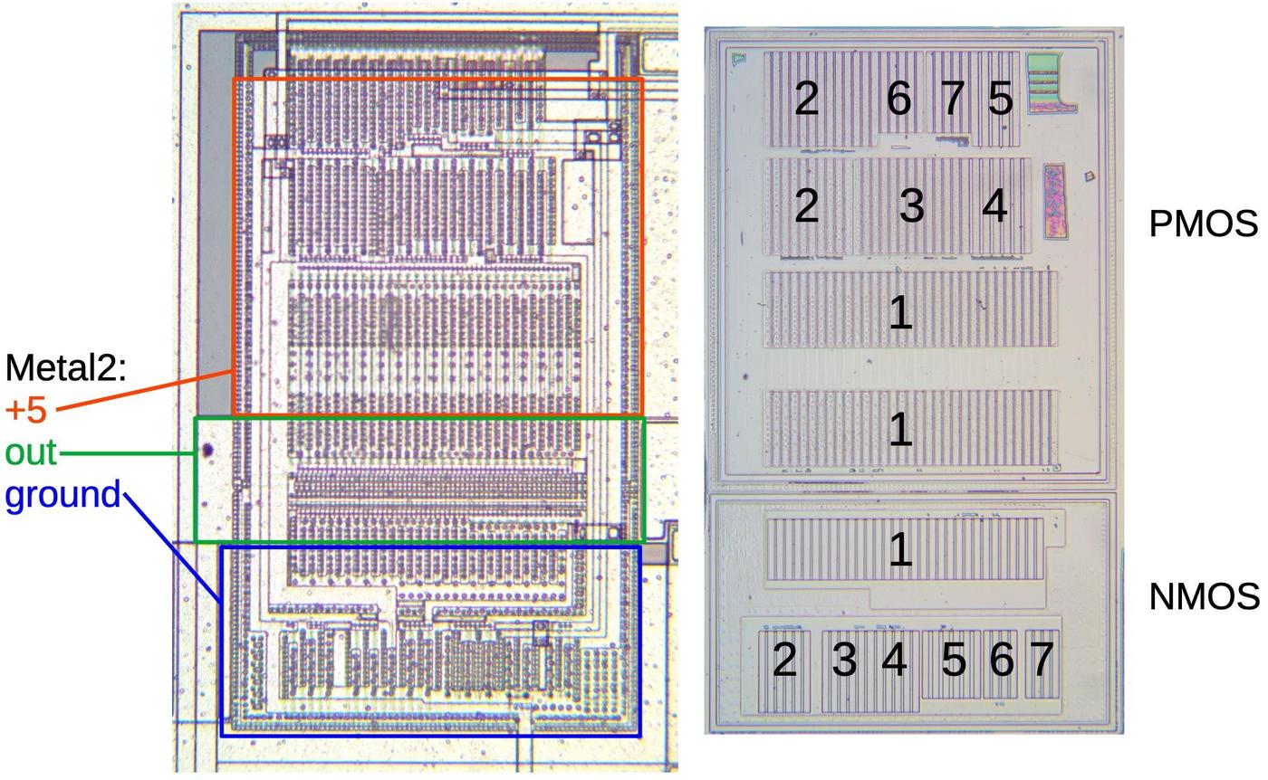 One of the lower drivers. The left image shows metal while the right image shows silicon.