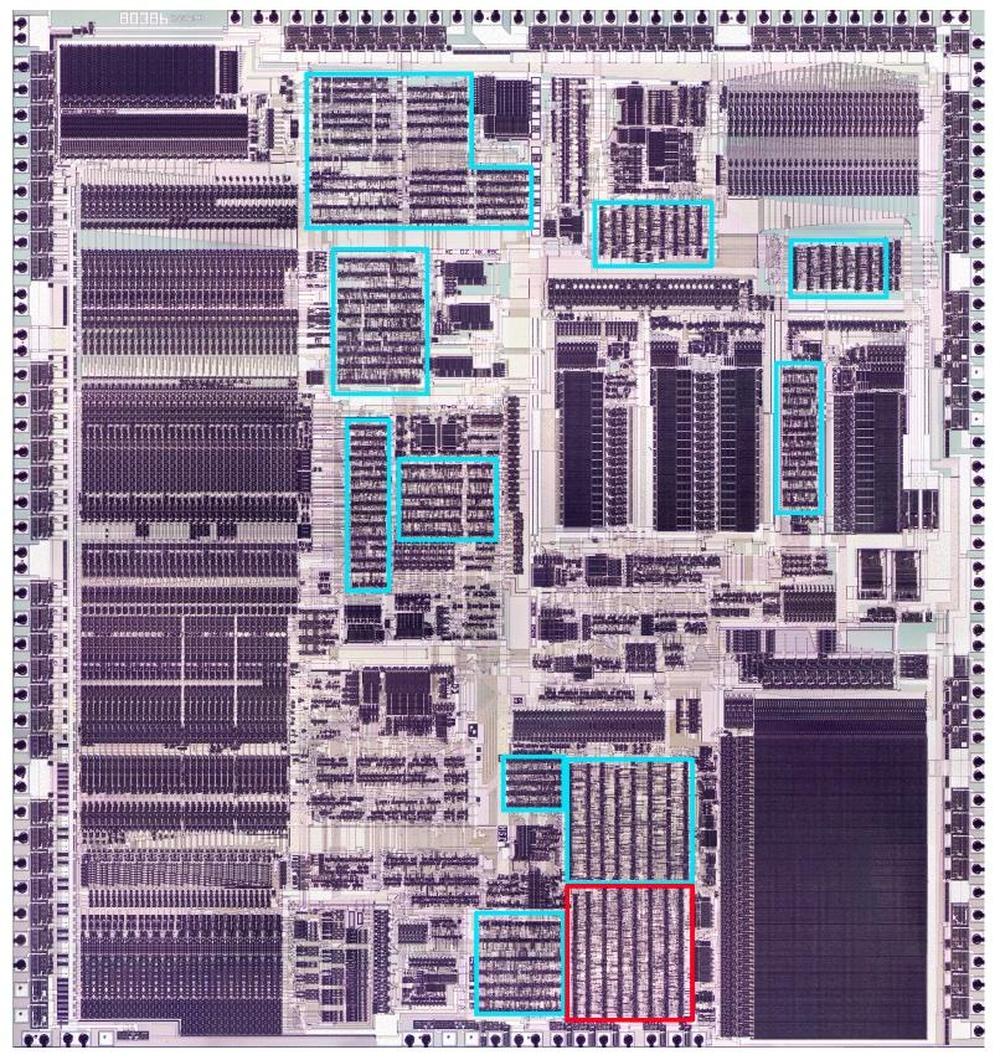 The 386 die with the standard-cell regions highlighted. The 386 die with the standard-cell regions highlighted.