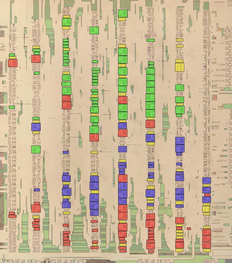A block of standard-cell logic with multiplexers highlighted. The metal and polysilicon layers were removed for this photo, revealing the silicon transistors. A block of standard-cell logic with multiplexers highlighted. The metal and polysilicon layers were removed for this photo, revealing the silicon transistors.