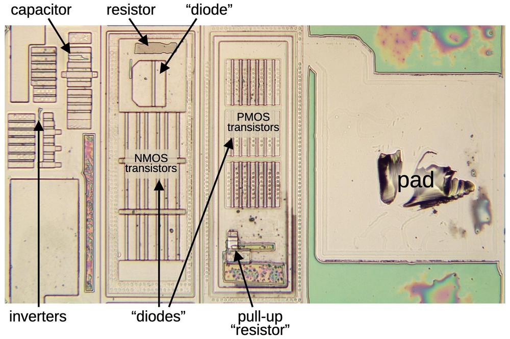 The circuit for BS16# on the die. The green areas are where the oxide layer was incompletely removed.