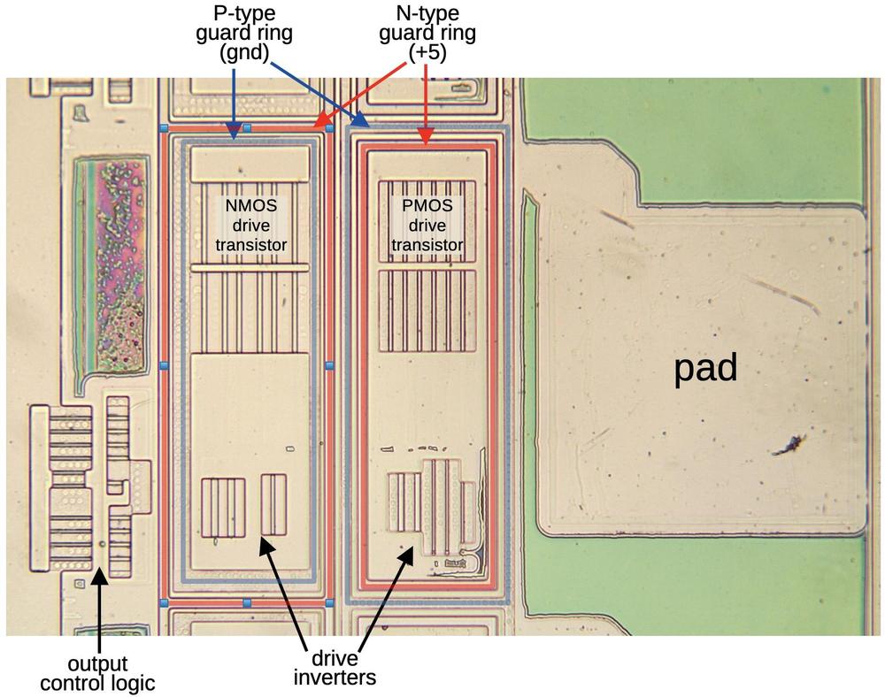 The circuitry for the W/R# output pad. (The W/R# signal tells the computer's memory and I/O if the 386 is performing a write operation or a read operation.) I removed the metal and polysilicon to show the underlying silicon.