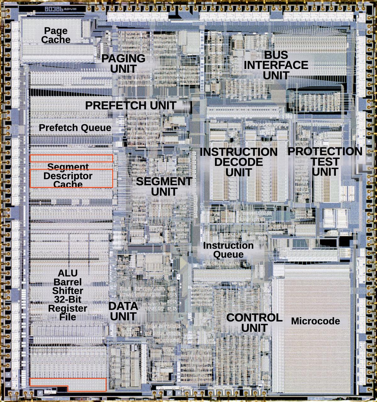 The 386 with the main functional blocks labeled. Click this image (or any other) for a larger version. I created this image using a die photo from Antoine Bercovici.