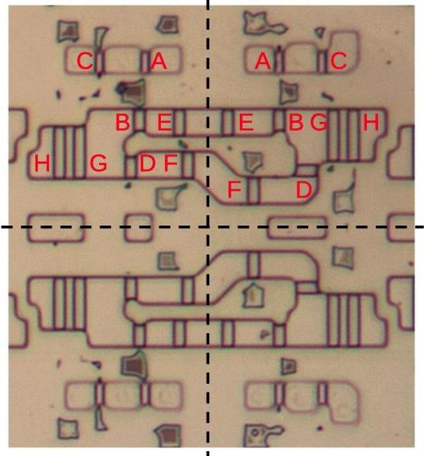 Four memory cells of type (f), separated by dotted lines. The small irregular squares are remnants of polysilicon
that weren't fully removed.