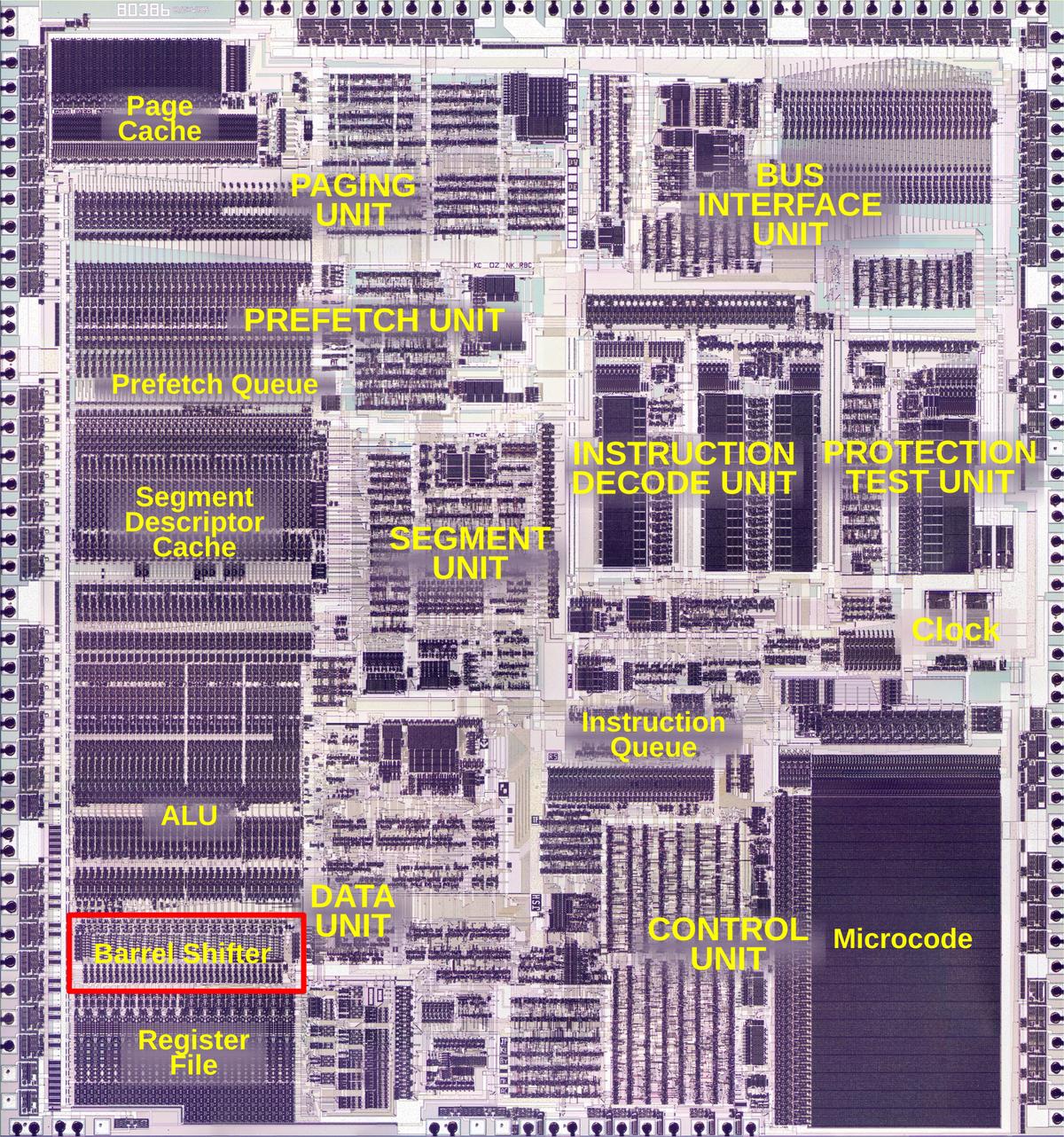 The 386 die with the main functional blocks labeled. Click this image (or any other) for a larger version.)