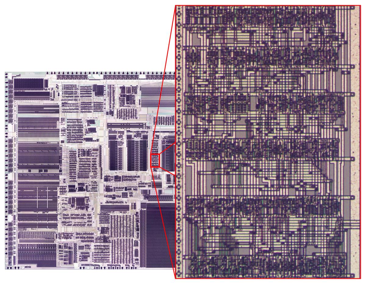 The same block of standard cells on the 386 die.