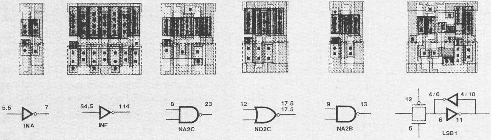 Examples of standard cells, from APR386. The numbers are not defined but may indicate input and output capacitance. (Click for a larger version.)