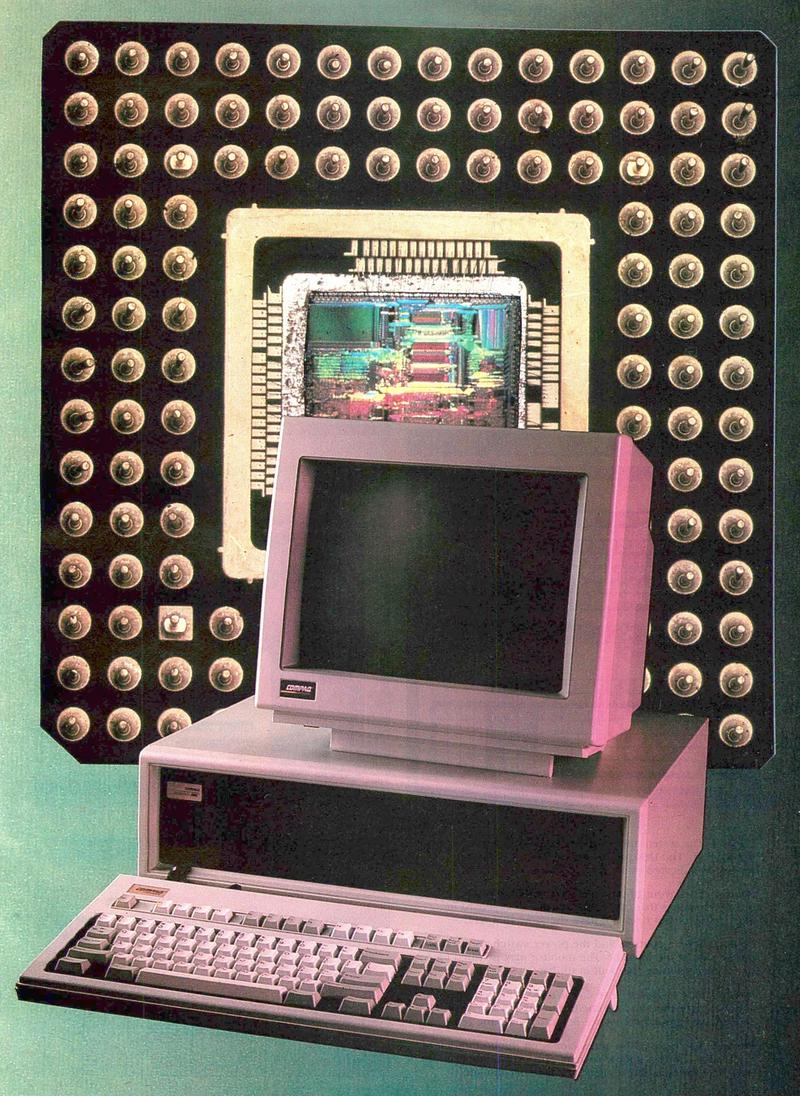 The Compaq Deskpro 386 in front of the 386 processor (not to scale). From PC Tech Journal, 1987. Curiously, the die image of the 386 has been mirrored, as can be seen both from the positions of the microcode ROM and instruction decoder at the top as well as from the position of the cut corner of the package.