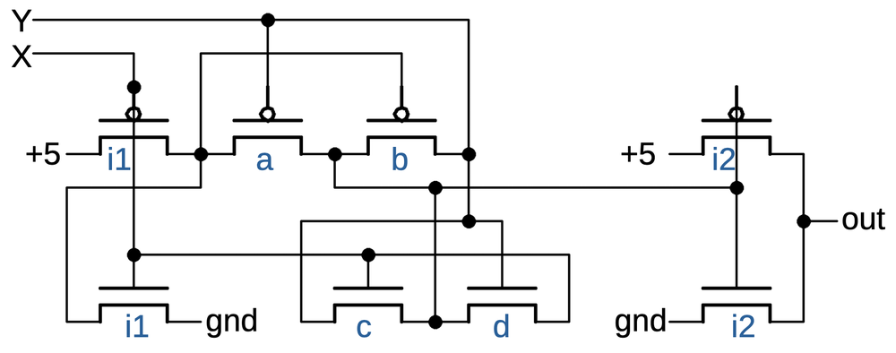 Implementation of NOR with eight pass transistors.