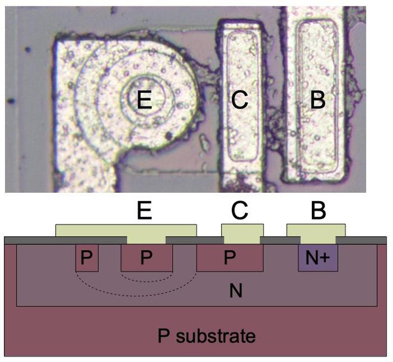 A PNP transistor in the 555 timer chip. Connections for the collector (C), emitter (E) and base (B) are labeled, along with N and P doped silicon. The base forms a ring around the emitter, and the collector forms a ring around the base.
